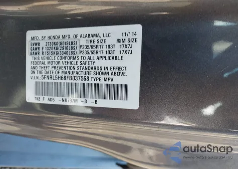 2015 Honda Odyssey Ex-L из США, поврежденный, VIN 5FNRL5H68FB037568